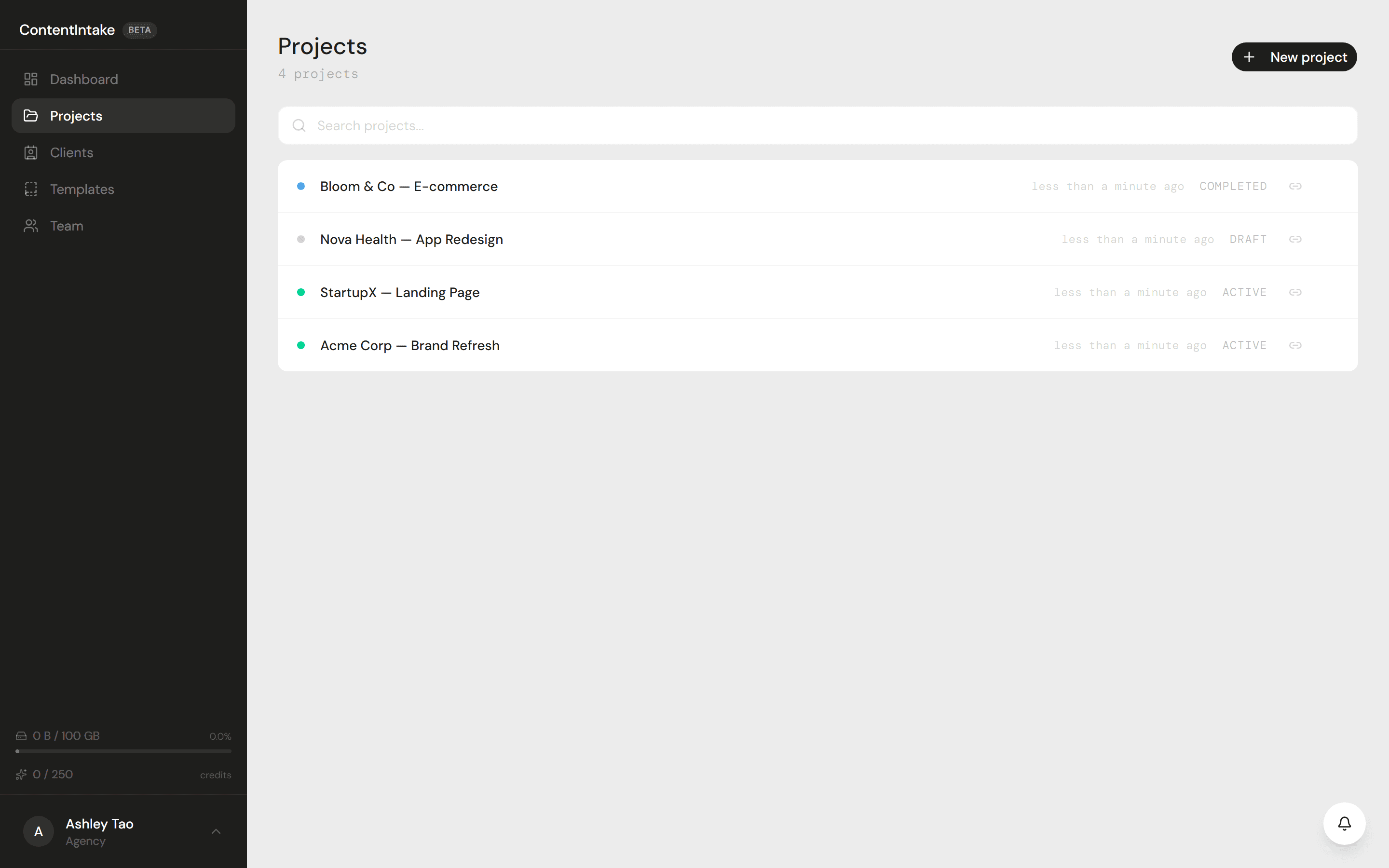 ContentIntake — Project dashboard